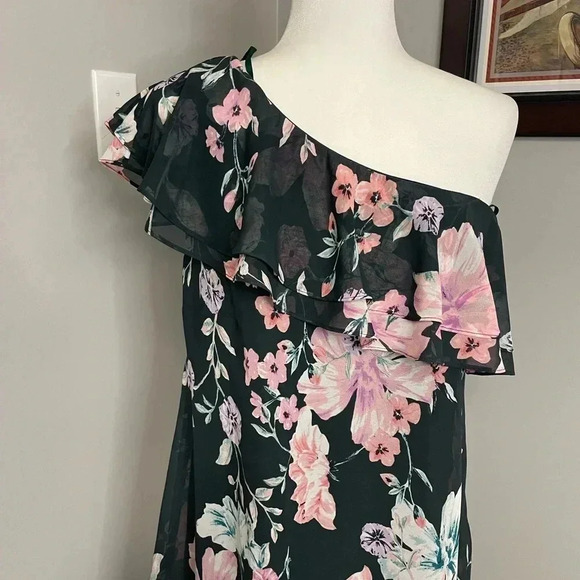 Eliza J Floral One Shoulder Ruffle Shift Dress NEW Green Pink Ruffle Feminine - Picture 2 of 7